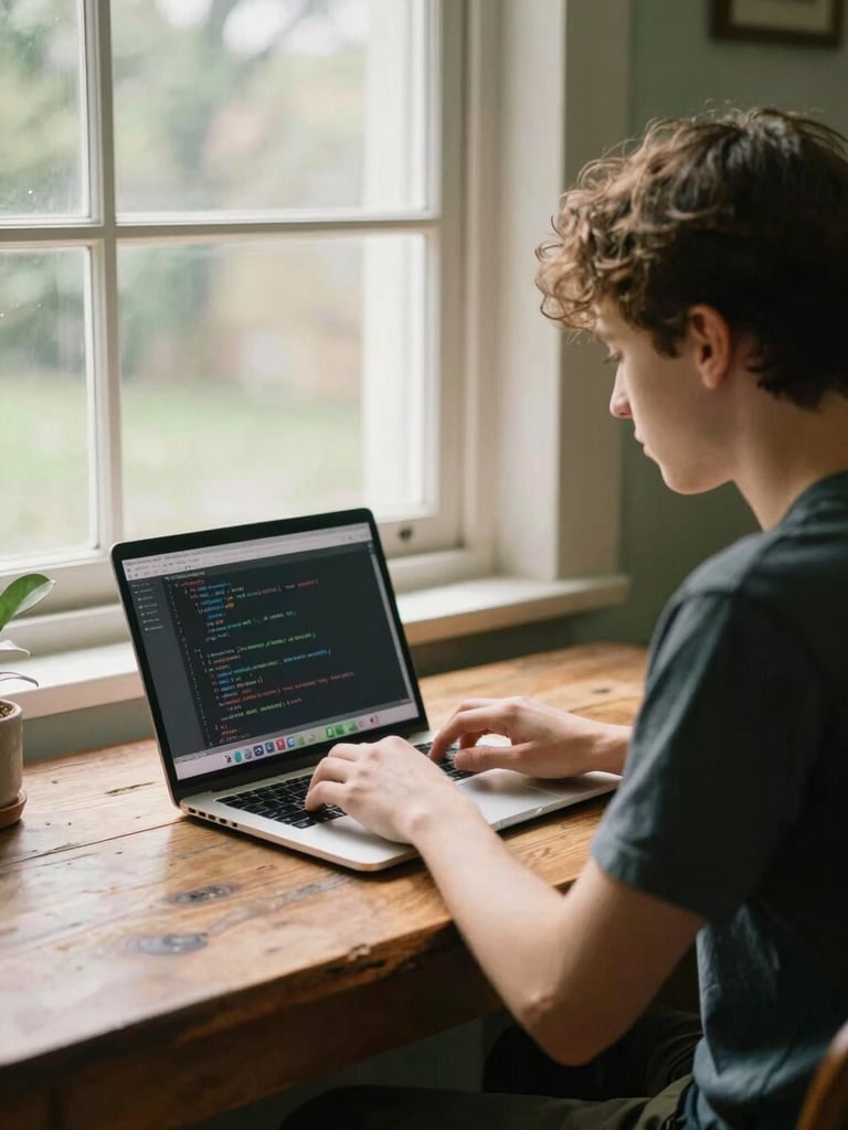 Medium shot of a focused student sitting by a warm sunlit window, a clean laptop displaying python code on a rustic wooden desk, 35mm editorial style.