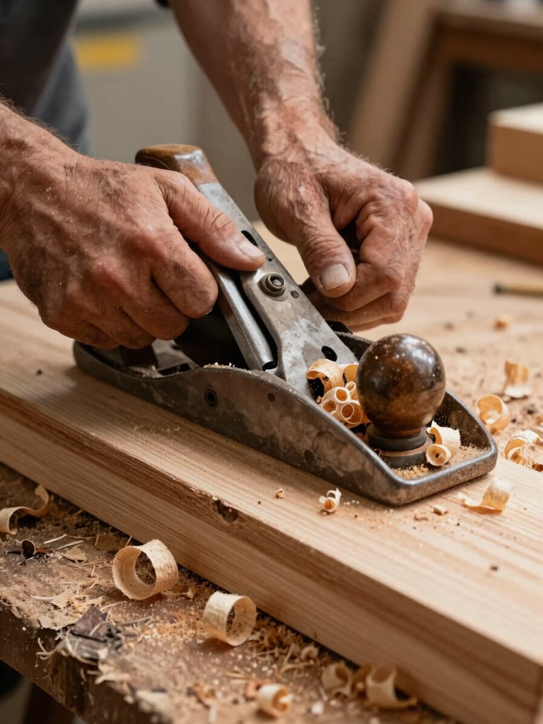 Close-up of weathered hands using a traditional hand plane on a thick slab of reclaimed pine, wood shavings curling off the surface, warm workshop light.