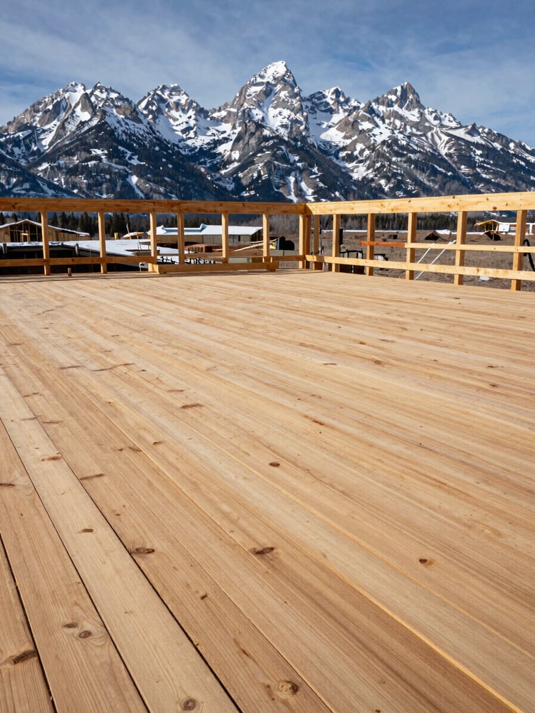 Wide shot of a heavy timber deck under construction against the Tetons, crisp winter sun, raw wood grain visible