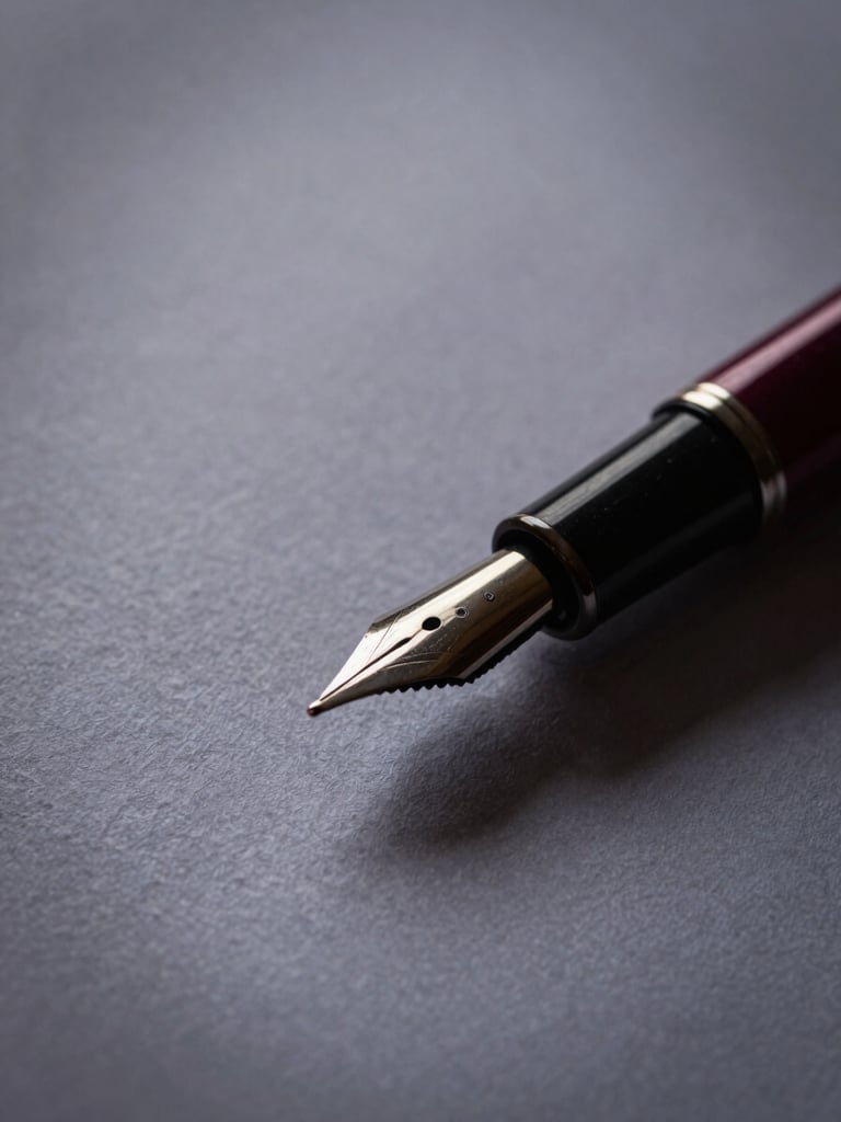 Macro close-up of high-quality textured cotton paper with a classic fountain pen resting on it, soft dramatic side lighting, deep wine and charcoal tones.