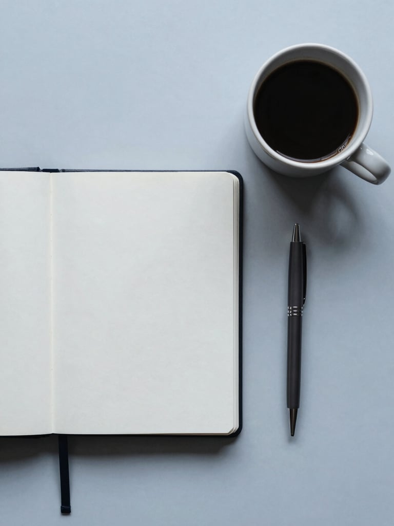 Overhead flat-lay of a minimalist open planner, a sleek pen, and a ceramic cup of coffee on a clean light gray desk, soft morning daylight, calm composition