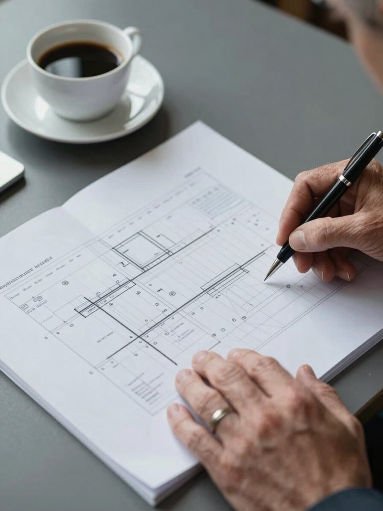 Environmental close-up of a senior figure's hands resting on an open planning document at a large desk, cool studio daylight, a cup of black coffee and a pen in frame, no face visible, texture of the paper prominent