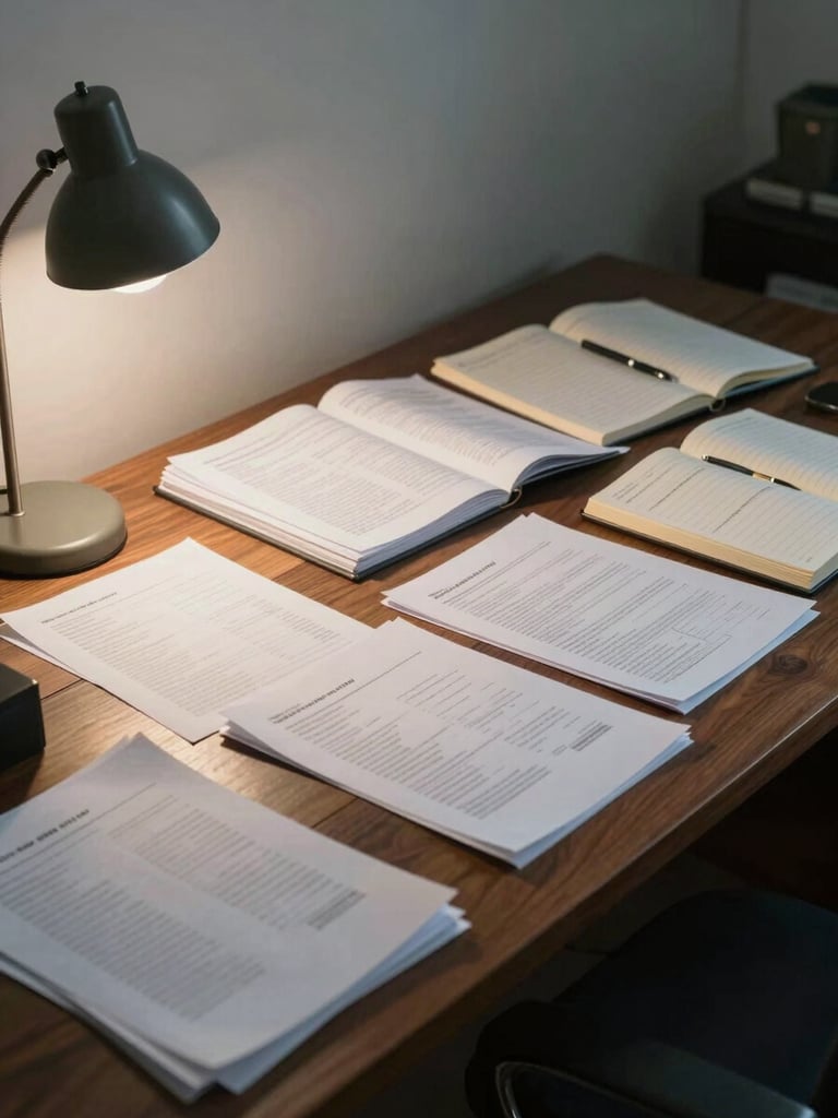 Wide environmental shot of a serious working desk, papers and documents spread across a dark oak surface, a single lamp casting cool north-facing daylight from the left, a pen resting beside open notebooks, no person visible — the room implies recent occupation and deliberate work
