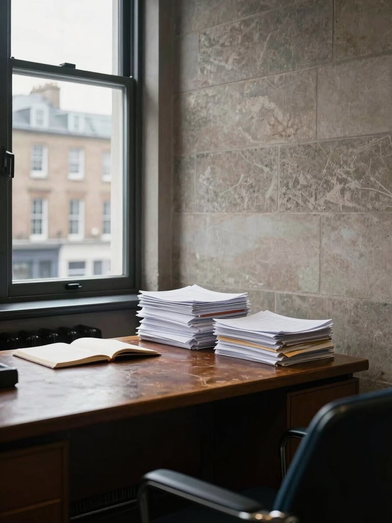 Wide environmental shot of a quiet Dublin office interior, a worn leather-topped desk in the left third, stacks of documents and an open notebook, cool north-facing daylight from a tall window, stone wall visible at the edge of frame