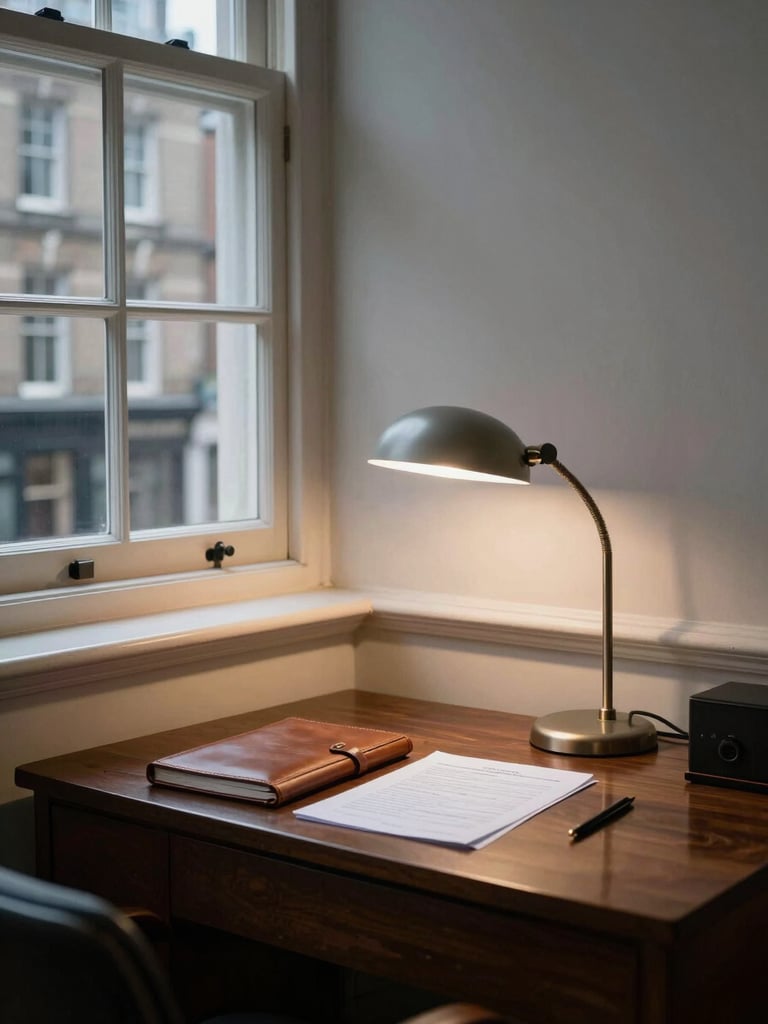 Wide environmental shot of a quiet corner office, a single desk lamp casting cool even light across a leather-bound notebook and a printed document, architectural window frame visible, no person present, Dublin Georgian building exterior glimpsed through glass