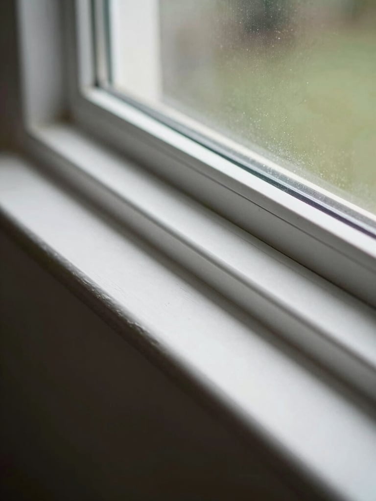 Close-up of a freshly cleaned window sill and frame after renovation work, overcast daylight from outside, no paint residue, sharp documentary framing from slightly above