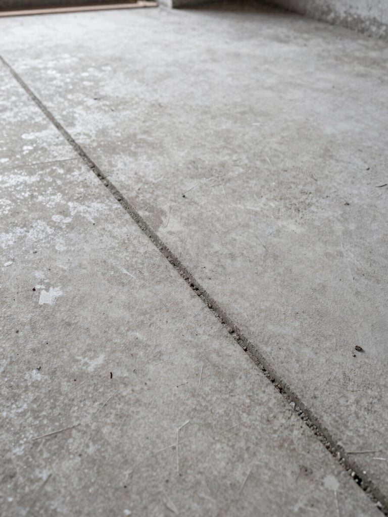 Close-up tight framing of a freshly cleaned concrete floor surface after construction, overcast daylight from left, visible grout lines and no dust, high contrast documentary style