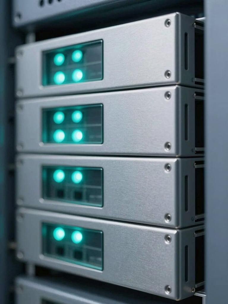 Macro close-up of a secure local server rack in a cleanroom, soft teal status lights reflecting on brushed stainless steel, clinical white light, sharp focus, 35mm