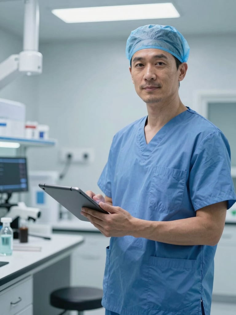 Portrait of a medical specialist in clean scrubs standing in a bright, modern diagnostic lab, holding a digital tablet, cool clean clinical lighting.