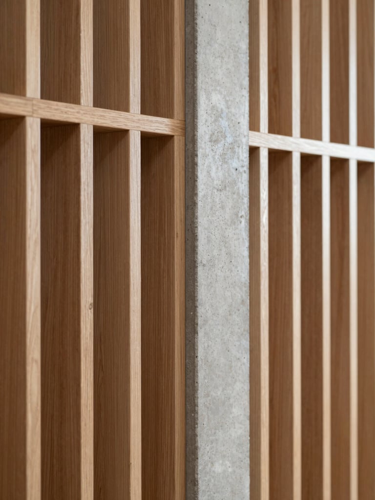 Macro shot of a custom oak timber partition meeting a raw concrete column, illustrating a perfect material junction, soft ambient light.