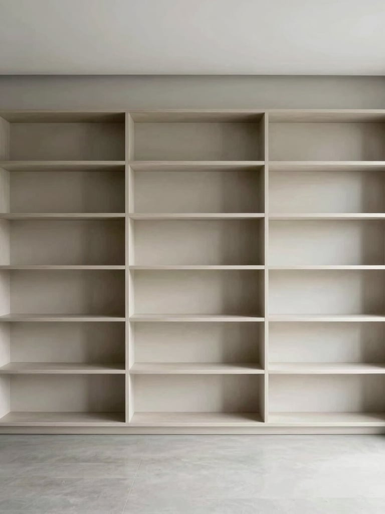 Straight-on perspective of a private executive office with custom minimalist built-in shelving, soft daylight, clean lines.