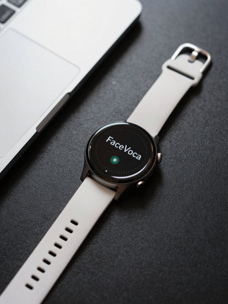 Overhead flat-lay of a Wear OS smartwatch on a clean dark desk surface, screen showing FaceVoca vocabulary word, soft neutral studio light from above, precise and minimal composition