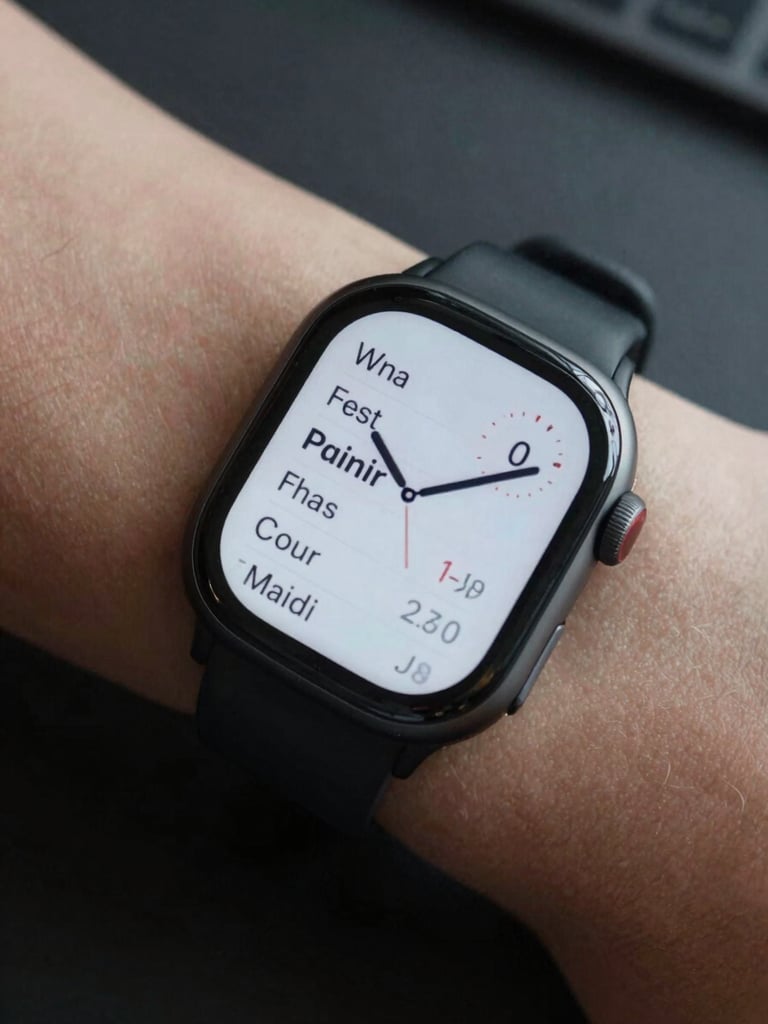 Extreme close-up of a Wear OS smartwatch face displaying vocabulary flashcard text on screen, worn on a wrist resting on a dark desk surface, neutral studio light, sharp screen detail
