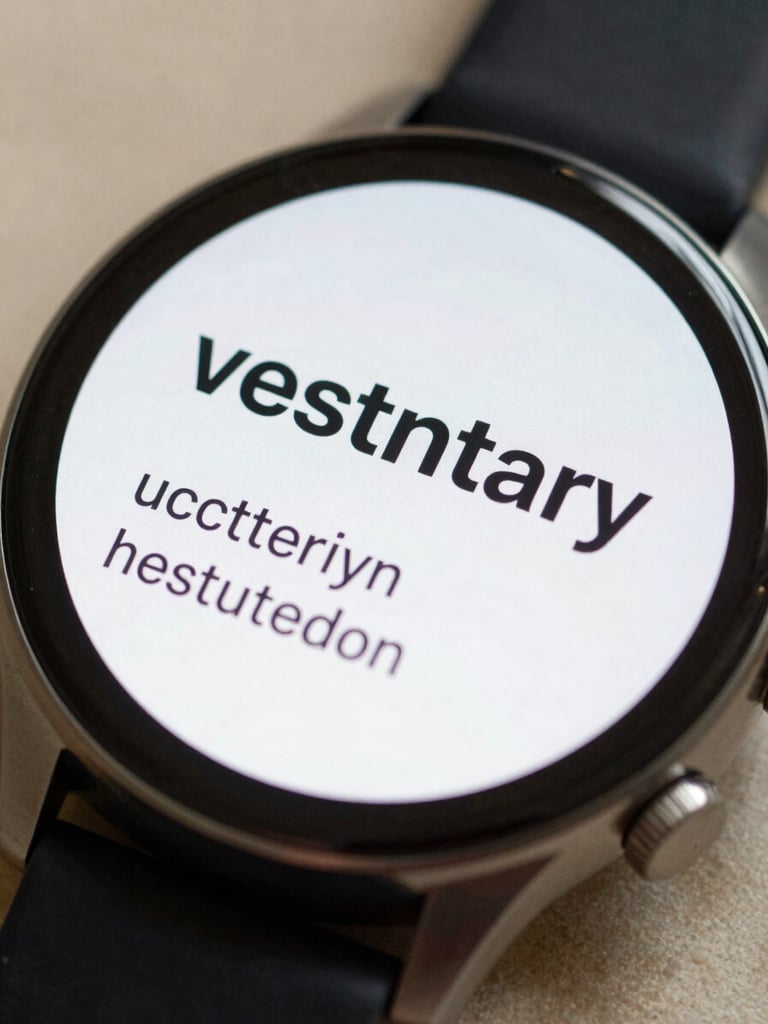 Extreme close-up of a Wear OS watch face displaying a single vocabulary word and its translation in clean sans-serif type, watch resting on a neutral desk surface under soft natural light, screen fills the frame