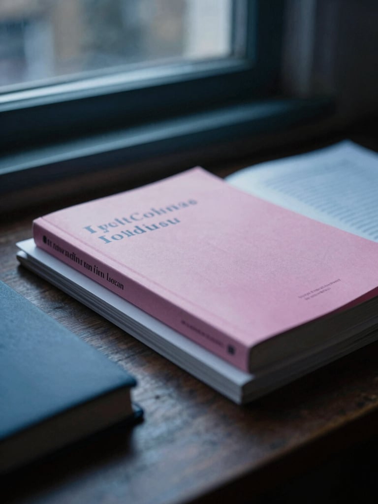 Moody close-up of a study desk in London, overcast daylight through a window, focused textbooks and neat documents, 35mm photography