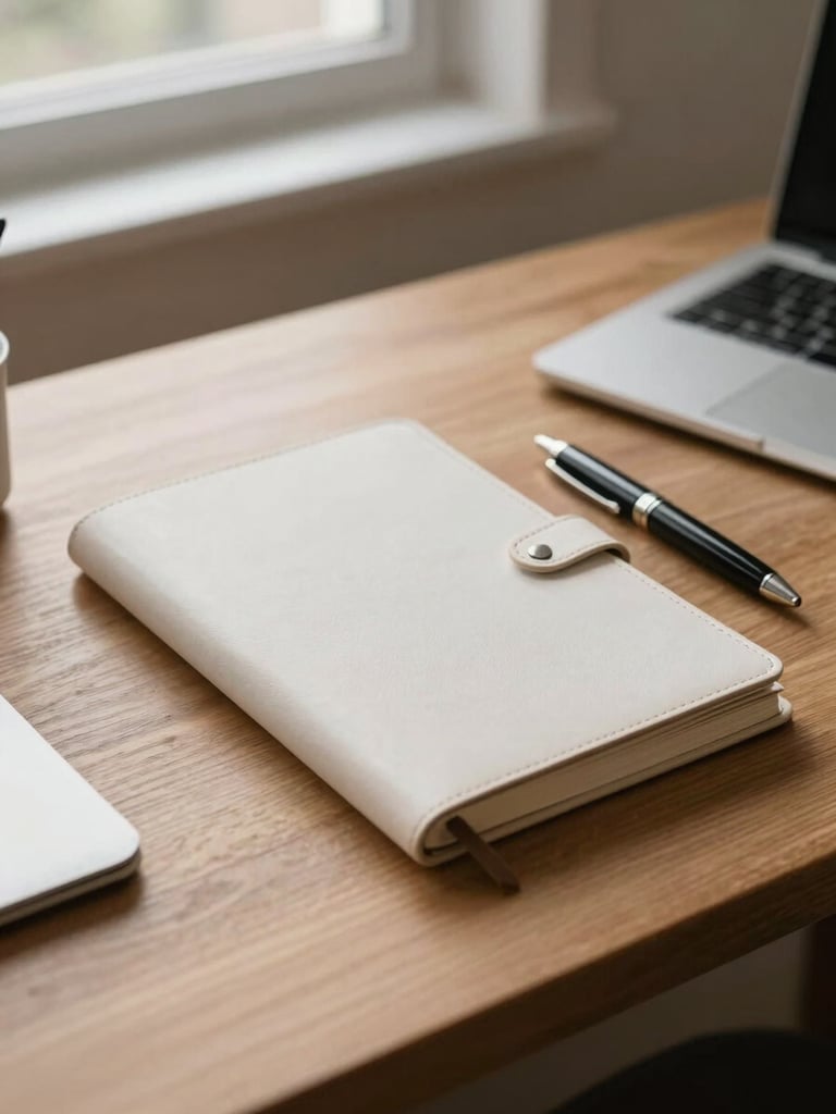 An organized wooden desk with a clean leather notebook, a classic pen, and soft morning light filtering through a window, creating a calm and orderly atmosphere