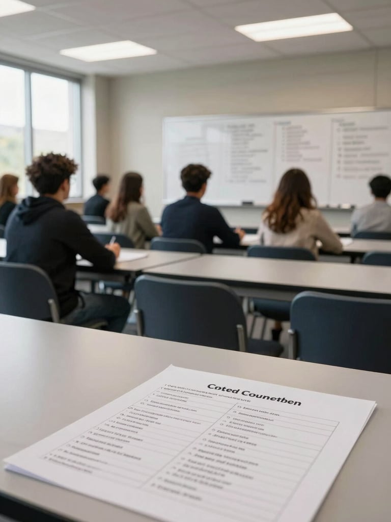 Wide environmental shot inside an active seminar room — participants seated at tables facing a whiteboard covered in handwritten curriculum modules, natural window light from the left side, overhead institutional lighting, close-up of a printed course agenda on the table in the foreground, no faces visible, no posed subjects