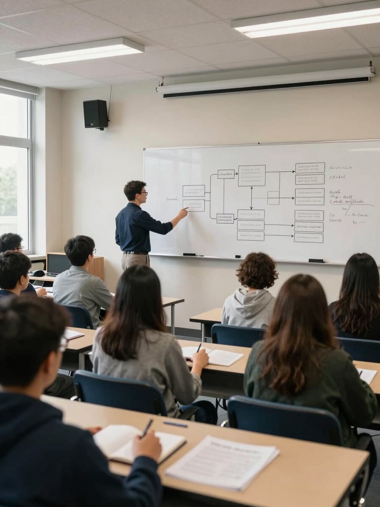 Wide environmental shot from back of active university seminar room, instructor at whiteboard covered in structured module diagrams, teachers seated at tables with open notebooks and printed syllabi, institutional fluorescent and natural window light from the left, no posed subjects