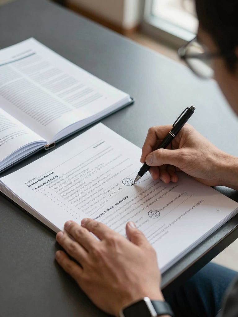 Close-up overhead shot of instructor's hands on a seminar table, marking up a printed curriculum document with a pen, course binder open beside it, institutional surface, natural window light from the right, no faces visible