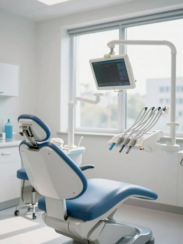 A warm, bright dental treatment room with soft daylight streaming through a large window, highlighting a modern sky blue dental chair and clean surroundings.