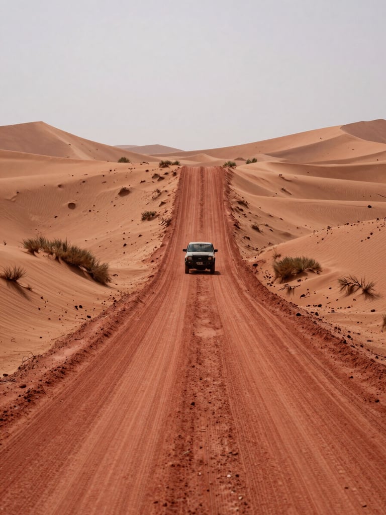 Documentary close framing of a red-earth dirt road cutting between two sand dune ridges near Pipa, a single worn pickup truck visible mid-distance, overcast coastal light flattening the shadows, dry scrub vegetation at the road's edge, human scale emphasized by the vastness of the dune walls on either side