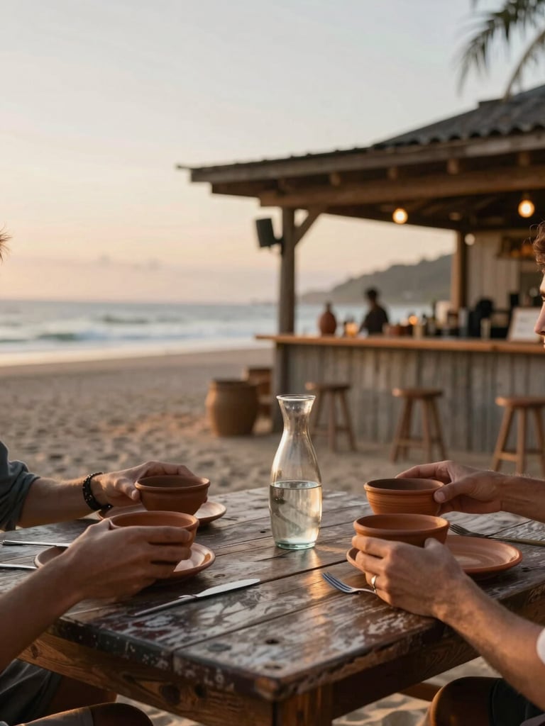 Wide environmental frame: weathered wooden table set for a meal at golden hour, two sets of hands reaching for clay bowls, a carafe of water catching warm side light, the open-air beach bar structure visible in soft focus behind — overcast coastal afternoon bleeding into warm dusk, shot at human scale with generous negative space on the left edge