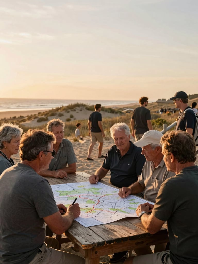 Wide environmental shot, golden hour coastal light, a group of local residents gathered around a hand-drawn map spread on a weathered wooden table outdoors, dune ridge visible in the mid-ground behind them, figures in natural movement and conversation, warm ochre tones of late afternoon, no posed smiles, documentary framing
