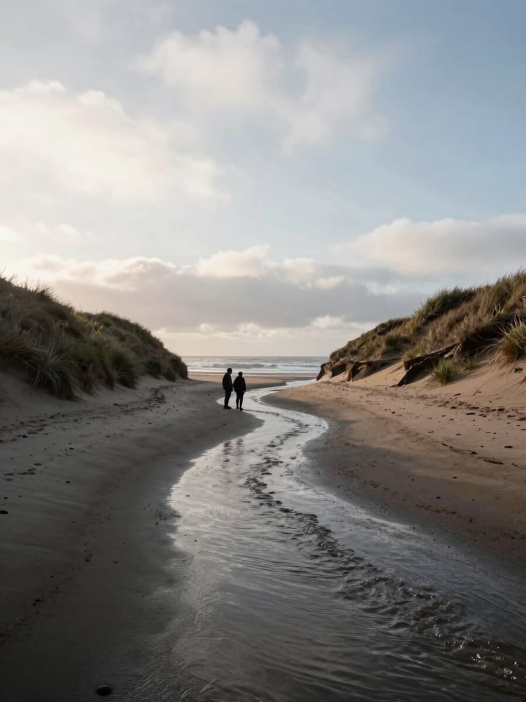 Overcast coastal morning, a narrow tidal channel cutting through dark wet sand between two dune formations, a pair of people standing at the edge gauging the water level, low flat light, no harsh shadows, wide environmental framing showing the scale of the dune walls on either side