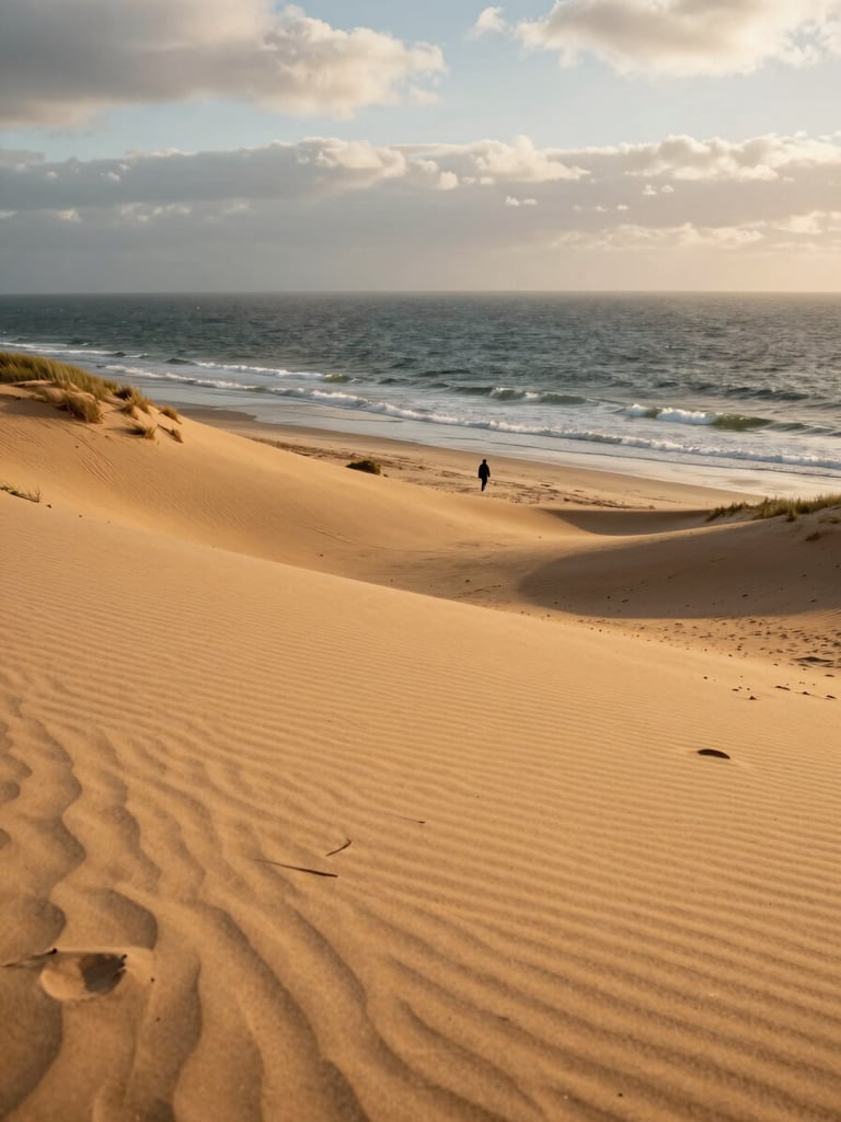 Wide environmental shot from a low dune ridge looking toward the Atlantic, golden-hour light raking across the sand, a single figure walking along the waterline far below — landscape dominant, human scale present, overcast coastal sky above