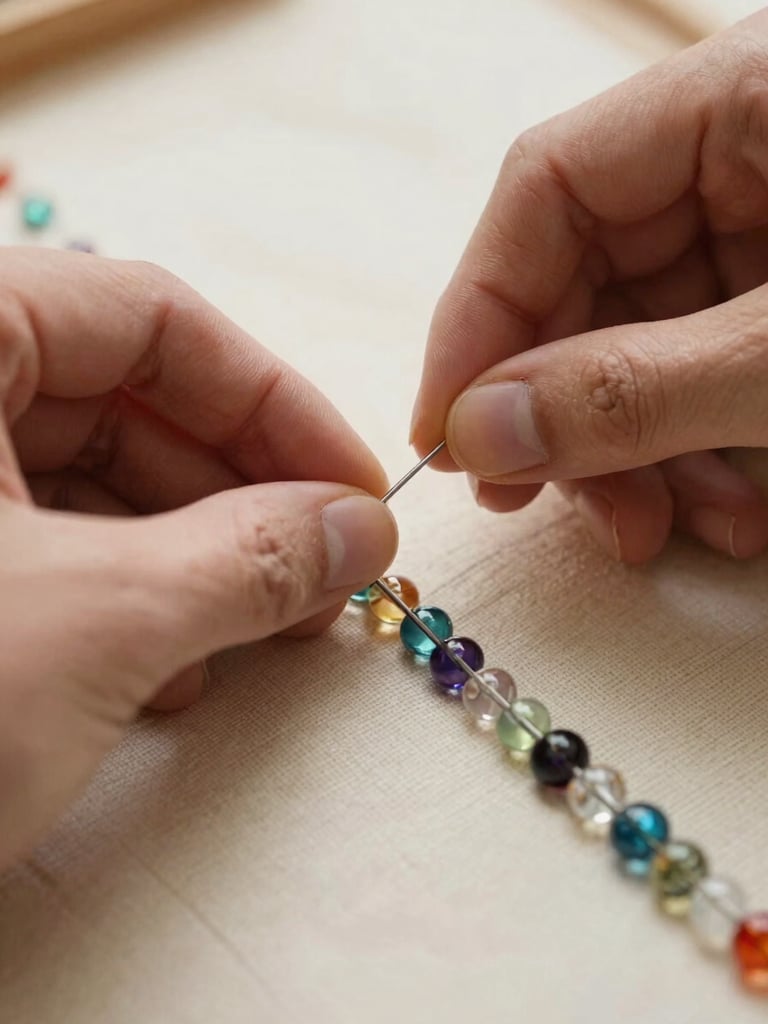 Extreme close-up of a maker's hands threading tiny glass beads onto a needle over a half-finished textile piece, warm natural side-light illuminating bead color and thread texture, shallow focus, neutral warm-cream background, no distractions