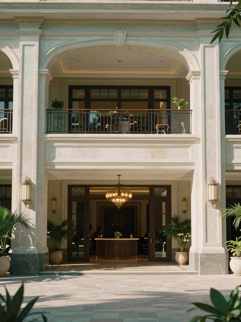 Architectural rendering of a luxurious hotel lobby under soft Mediterranean daylight, elegant lines, and subtle botanical elements, 35mm