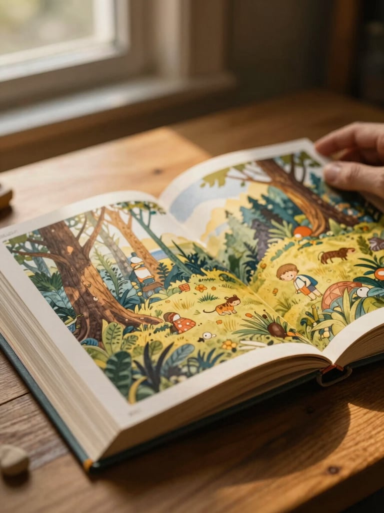 Close-up of a hand-bound children's book open on a wooden table, soft golden window light illuminating detailed watercolor pages of a forest adventure, shallow depth of field
