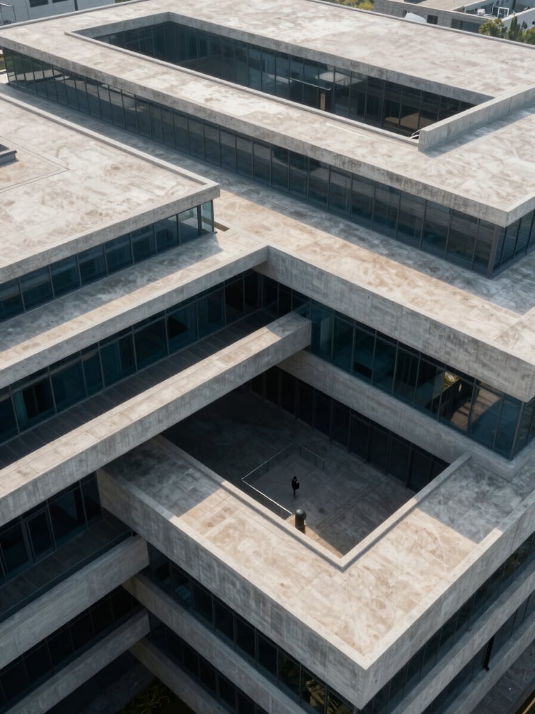 Extreme wide aerial view of modern Indian architectural geometry, sharp dramatic shadows, clean concrete and glass lines, diffused morning light.