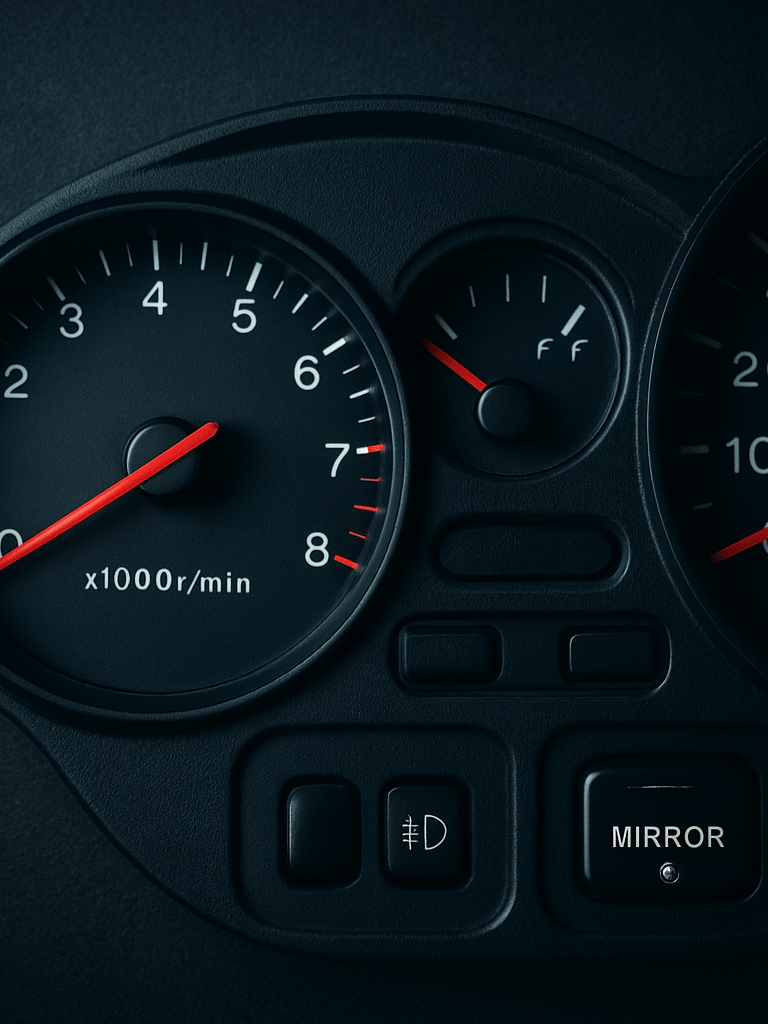 Extreme overhead flat-lay of a car instrument cluster and odometer under cool studio strobe lighting, fuel gauge needle visible mid-frame, dashboard controls in sharp focus, high contrast on dark surface, no people