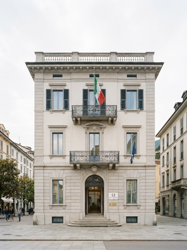 Clean architectural view of the Italian Consulate building in Lugano under bright overcast daylight, sharp focus, 35mm