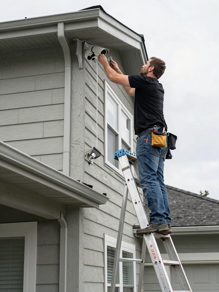 Wide shot of an installer on a ladder fixing a bullet camera to the exterior fascia of a residential home, overcast BC daylight, conduit and mounting bracket visible in sharp detail, no people facing camera