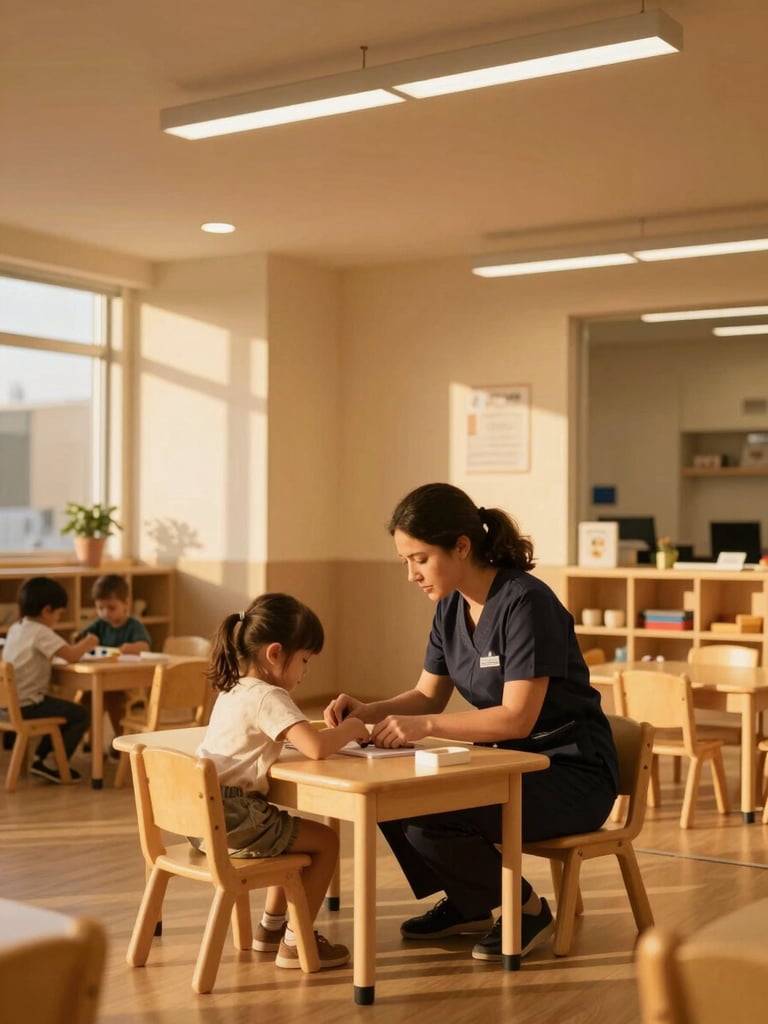 Professional caregiver gently assisting a child with an activity in a bright, organized corporate daycare center, warm golden-hour interior lighting, rich amber tones, sharp focus, high-end architectural style, child's face partially obscured, caregiver in branded uniform, medium shot.