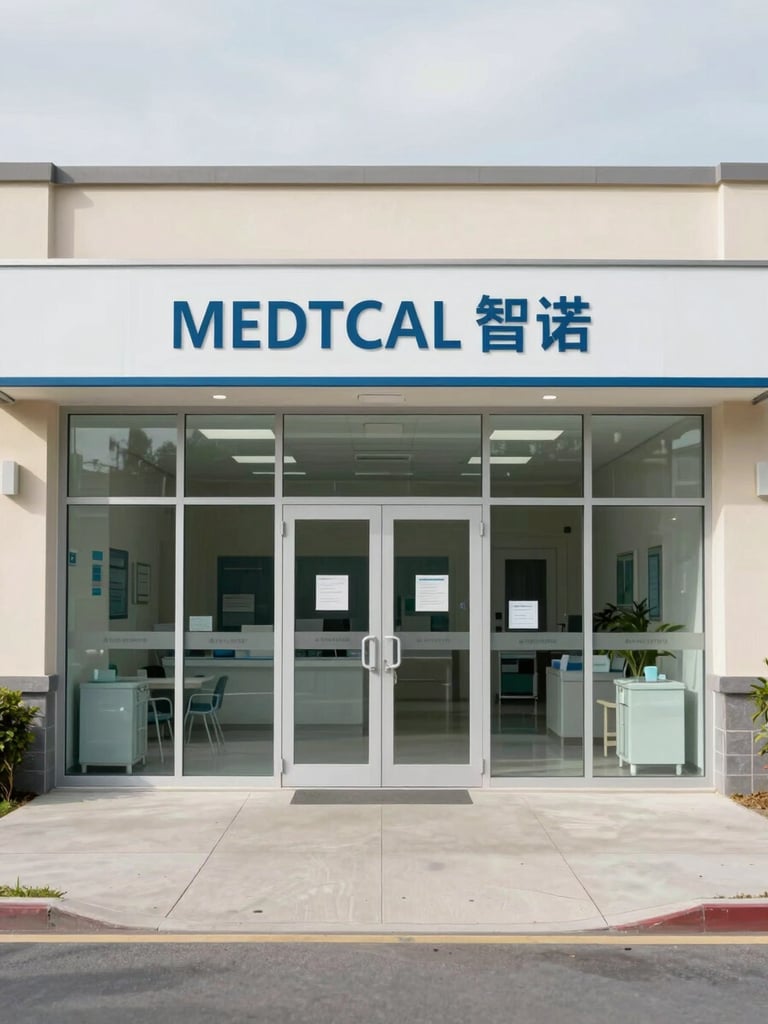 Wide exterior shot of a clean medical clinic entrance, glass door and signage visible, daylight, neutral overcast sky, straightforward architectural framing from sidewalk level, no people present