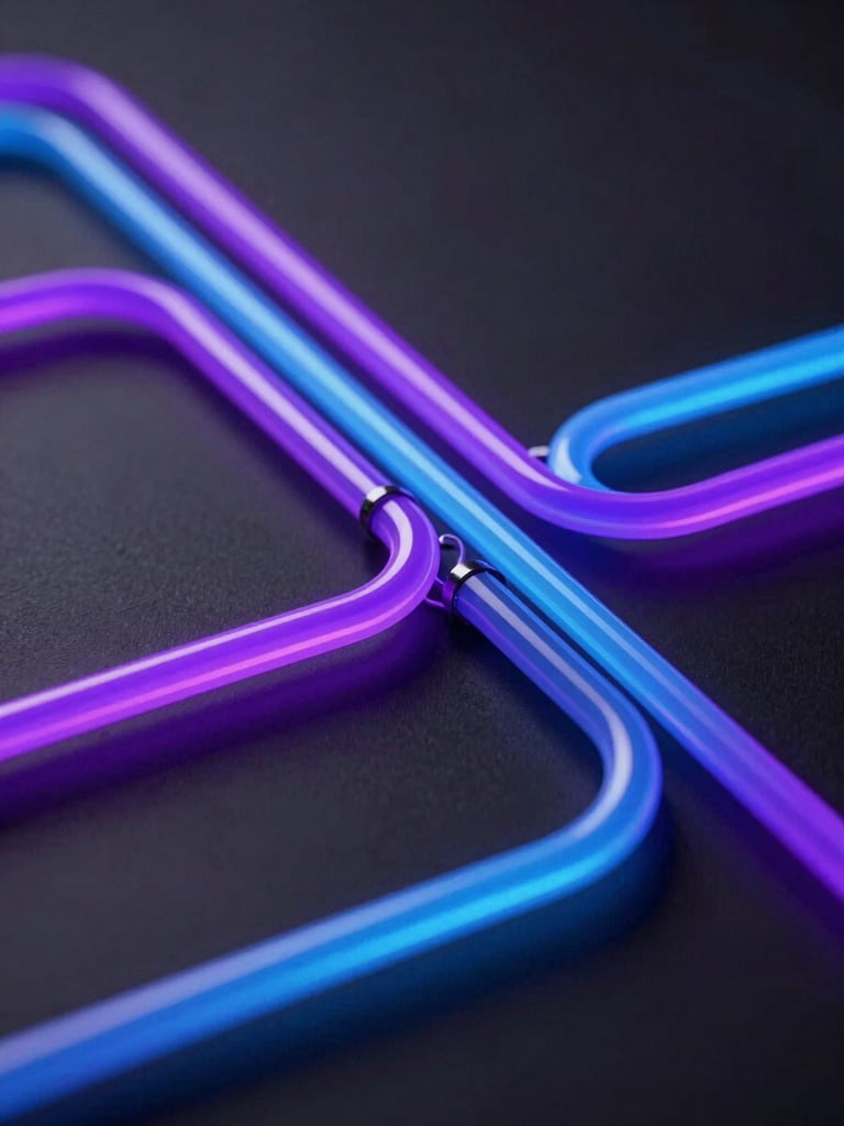 Abstract 3D system flowchart with glowing neon purple and electric blue pipelines, dark background, macro perspective, shallow depth of field.