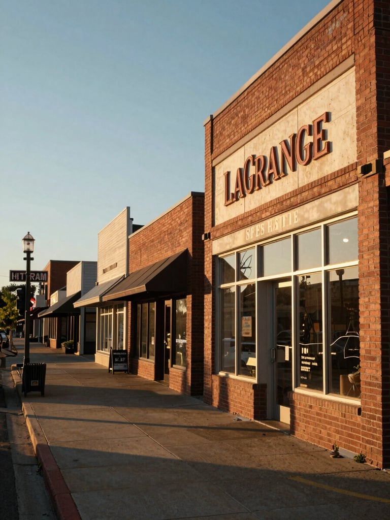 Wide environmental shot looking down a LaGrange main street at golden hour, a warm-lit local storefront facade filling the right third of the frame, brick and hand-painted signage visible, soft long shadows across the sidewalk, no people posed for camera