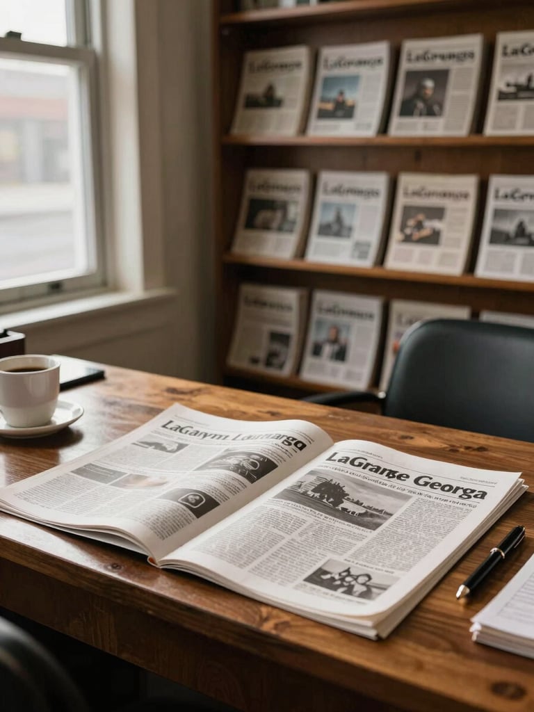 Interior of a small LaGrange Georgia local newspaper or media office, a wooden desk with printed pages spread open under soft window light, coffee cup and pen nearby, warm natural daylight from the left, wide environmental shot showing shelves of back issues in the background