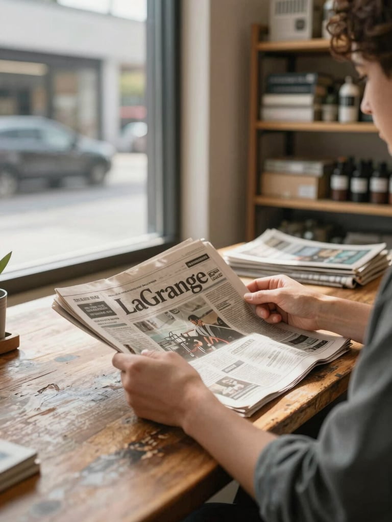 Wide environmental shot inside a LaGrange small business — owner seated at a worn wooden table reviewing a printed newspaper, window light falling across the page and their hands, storefront shelving visible in the soft-focus background