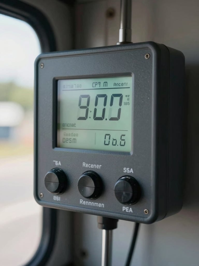 Tight macro shot of a digital reefer temperature control interface showing precise temperature calibration inside a truck cab, clean industrial lighting.