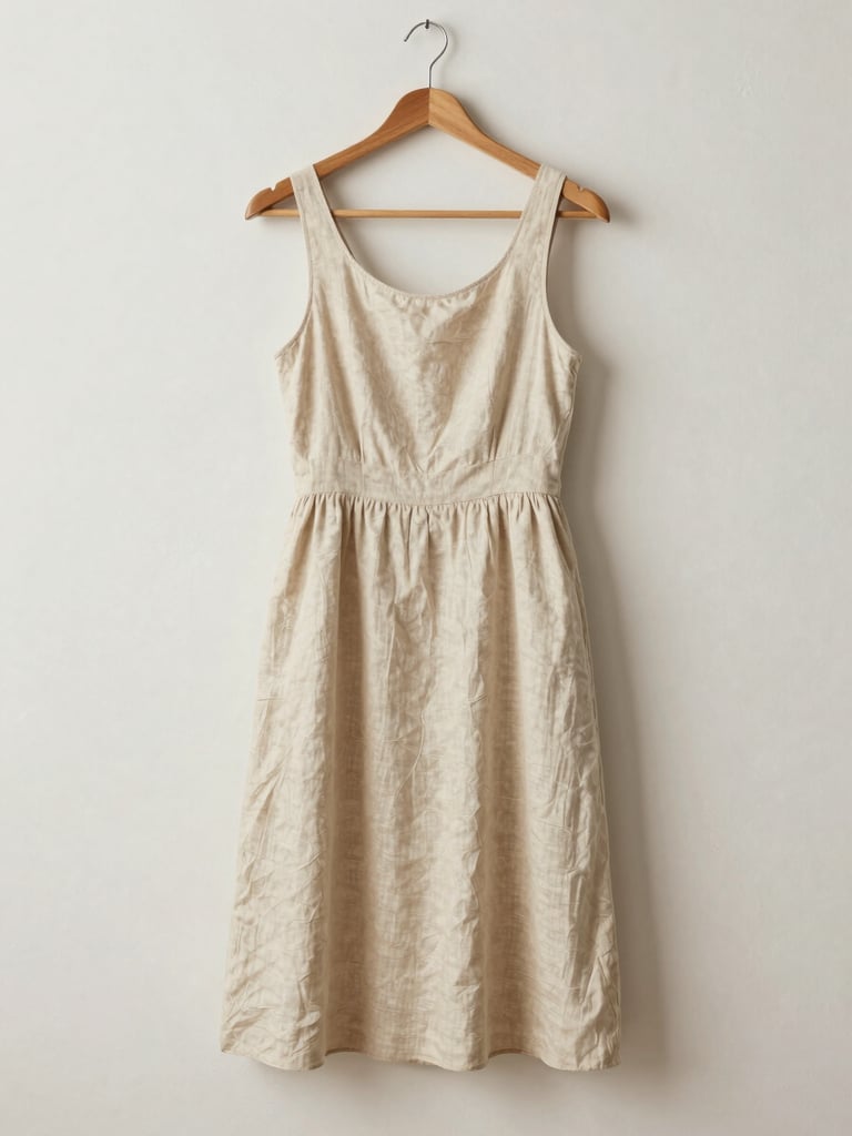 A romantic linen dress in creamy sand tone hanging naturally on a minimalist wooden hanger against an off-white plaster wall, soft side shadows
