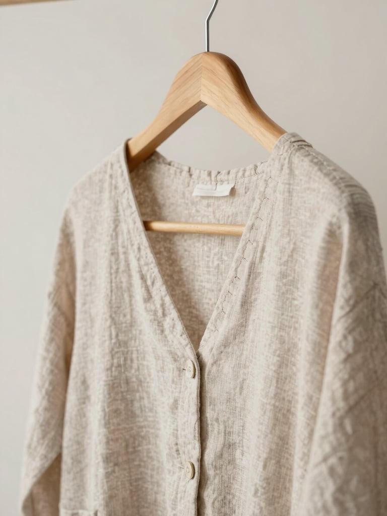 Soft diffused daylight illuminating a wooden hanger with a linen garment, focusing on delicate stitching and romantic drape, neutral off-white background.