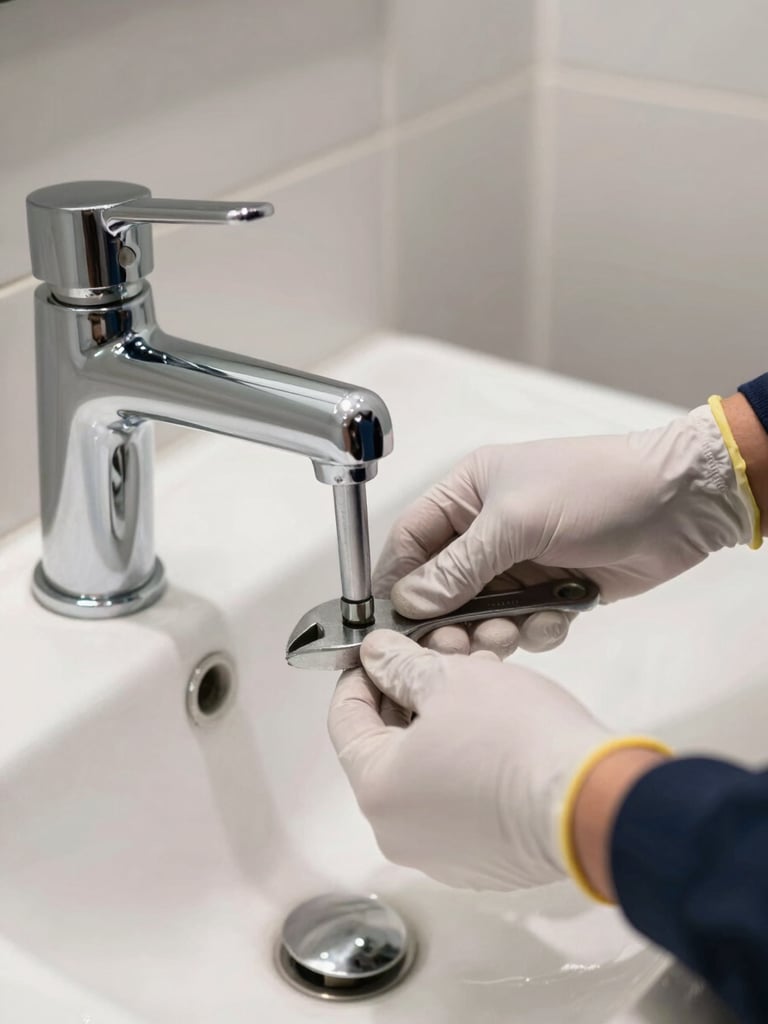 Close-up environmental shot inside a hotel bathroom, a technician's gloved hands installing a chrome mixer tap on a white ceramic basin, silver pipe wrench in frame, clean white tiles with soft overhead lighting, photorealistic editorial style