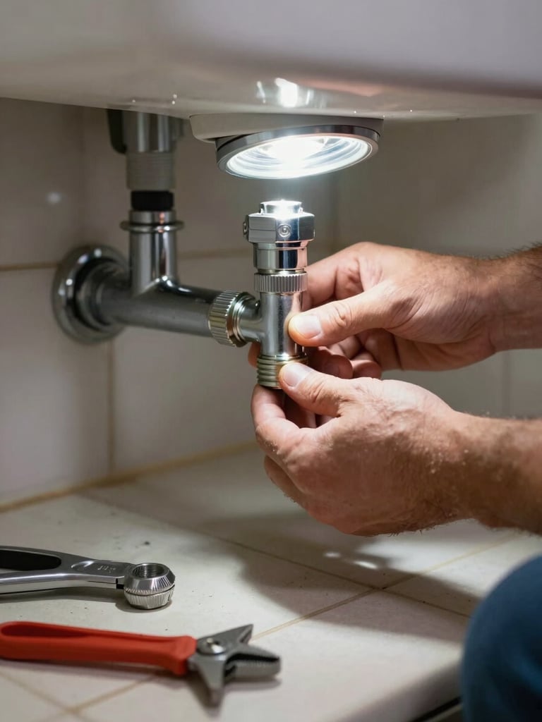 Close-up shot of a professional plumber's hands tightening a chrome pipe fitting beneath a sink, illuminated by a clear interior work light, tools laid out on the tiled floor in the foreground, shallow depth of field