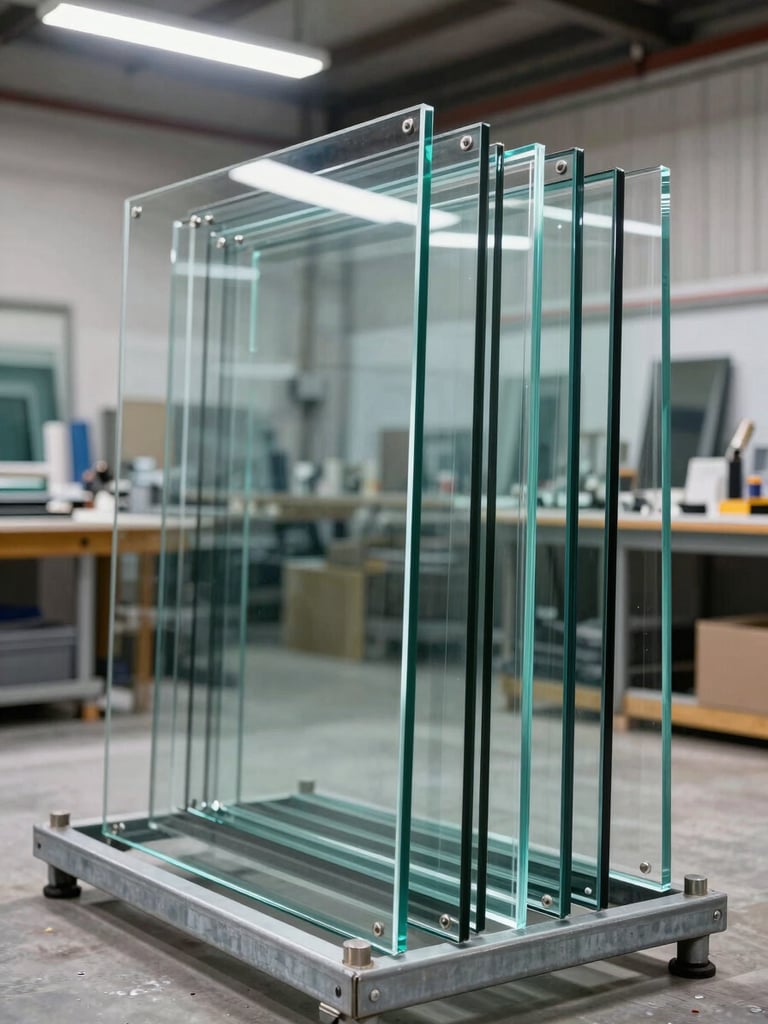 Close-up wide shot of the Shesha Glass shop floor, heavy glass panels of varying thickness stacked vertically in a steel rack, bright overhead light revealing the clarity difference between clear and low-iron glass, fabrication workbench visible in background