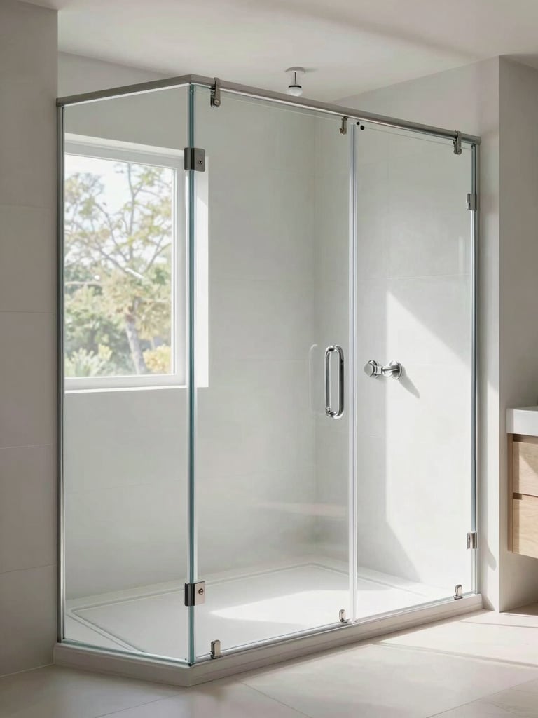 Wide environmental shot of a large frameless sliding shower door with heavy Viena-style hardware and thick chrome rollers, installed in a bright modern bathroom, natural daylight streaming through clear glass panels, full door height visible, edge details sharp