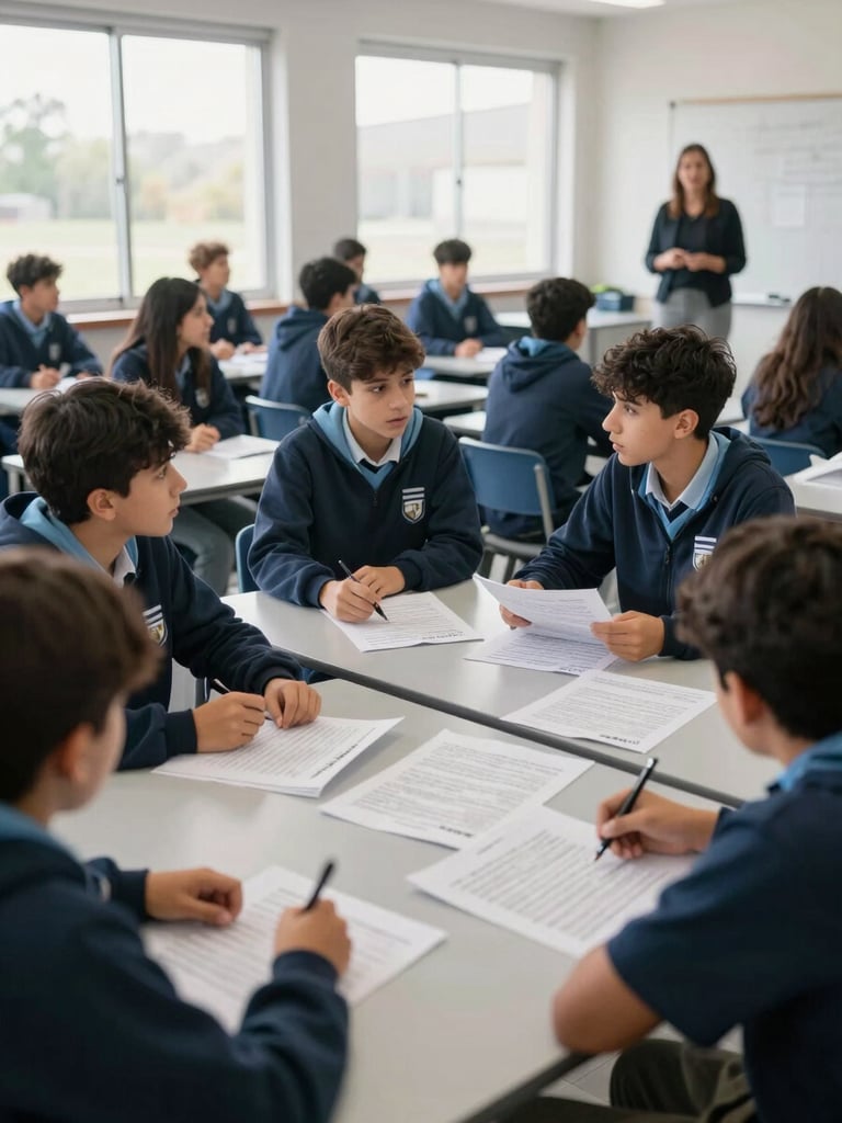 Wide environmental shot of a group of Argentine secondary school students in active classroom discussion, seated around desks covered with printed materials, bright natural daylight through large windows, teacher visible at the whiteboard in the background, documentary framing